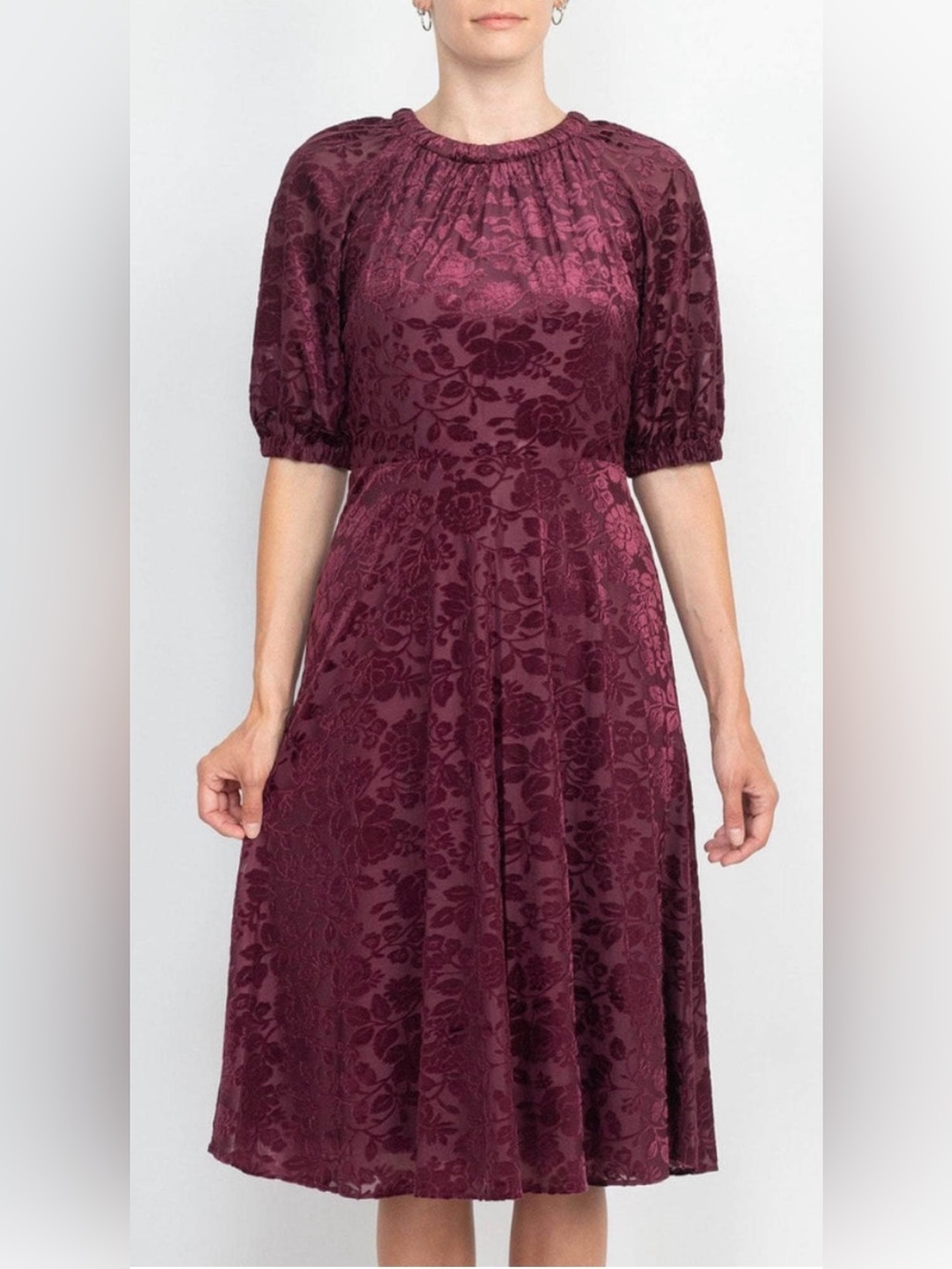 LONDON TIMES velvet floral burnout deep wine merlot boat neck midi NEW size 12